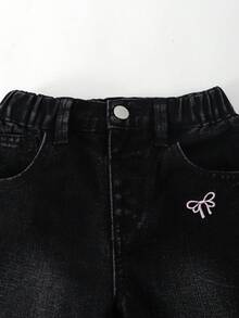 SHEIN Girls' Versatile Fashion Distressed Straight Leg Blue Jeans - Black - View 5