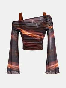 SHEIN Serisse Kids 少女扎染不对称单肩喇叭袖长袖短款T恤 - 棕色 - 查看 2