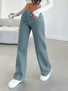 100% Cotton Solid Color Slant Pocket Cotton Solid Straight Leg Jeans - Dusty Blue - View 3