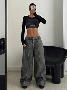 CasuGlow WOMAN LOW WAIST SLANT POCKET CASUAL COLORBLOCK WIDE LEG CASUAL JEANS - Grey - View 6