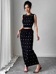 Conjunto elegante de falda de punto con cuello redondo, sin mangas y adornado con perlas para mujer con tejido muy elástico para un look sexy. - Negro - Ver 1