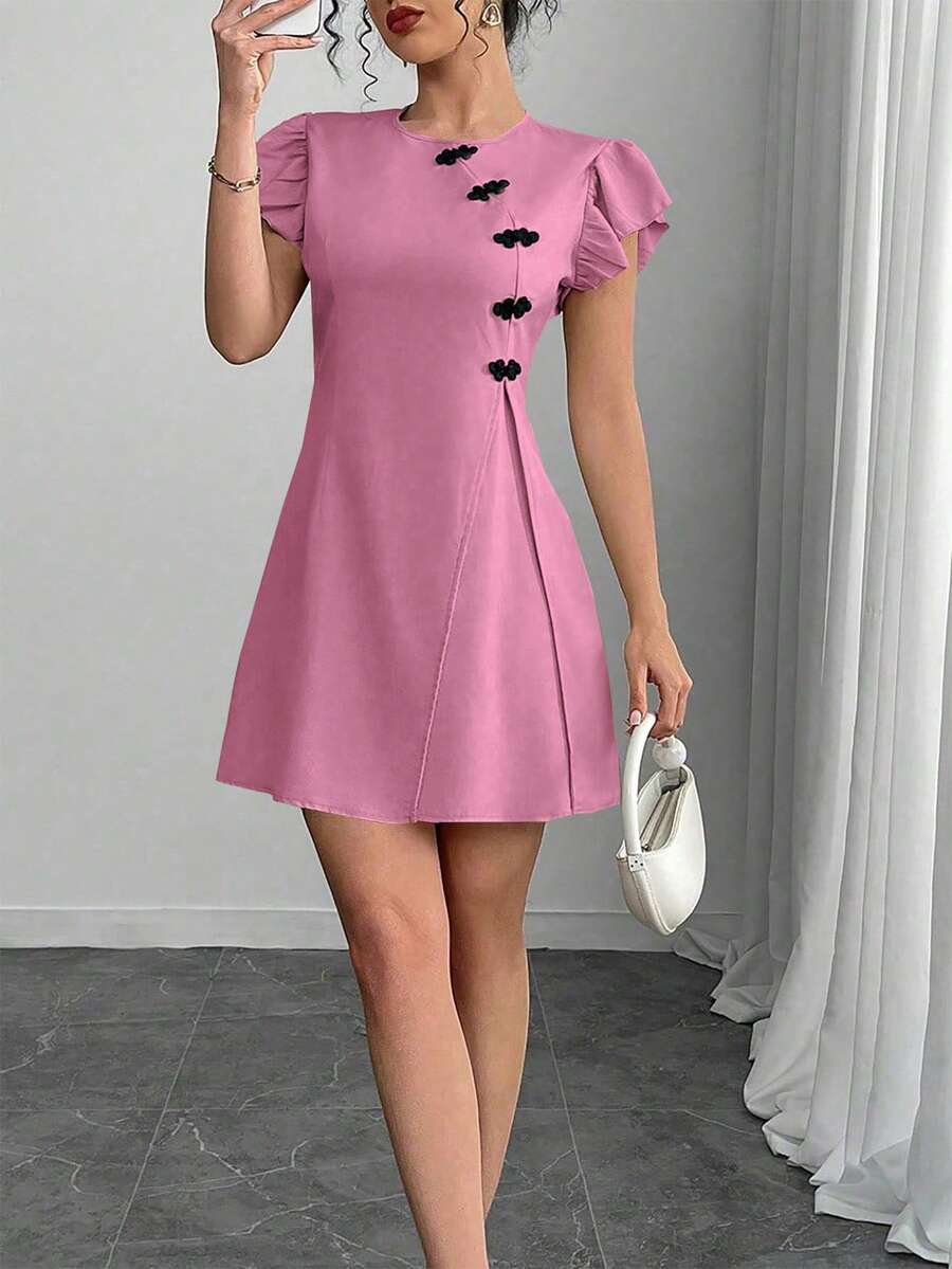 Chiquease 复古中国风纽扣装饰短袖连衣裙 - 粉色 - 查看 1