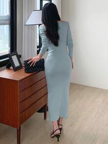 DAZY Women's Asymmetric-Shoulder Bodycon Mid-Length Dress - Blue - View 5