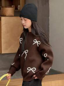 Dazy Kids 女童蝴蝶结装饰印花圆领长袖毛衣，秋季款 - 棕色 - 查看 3