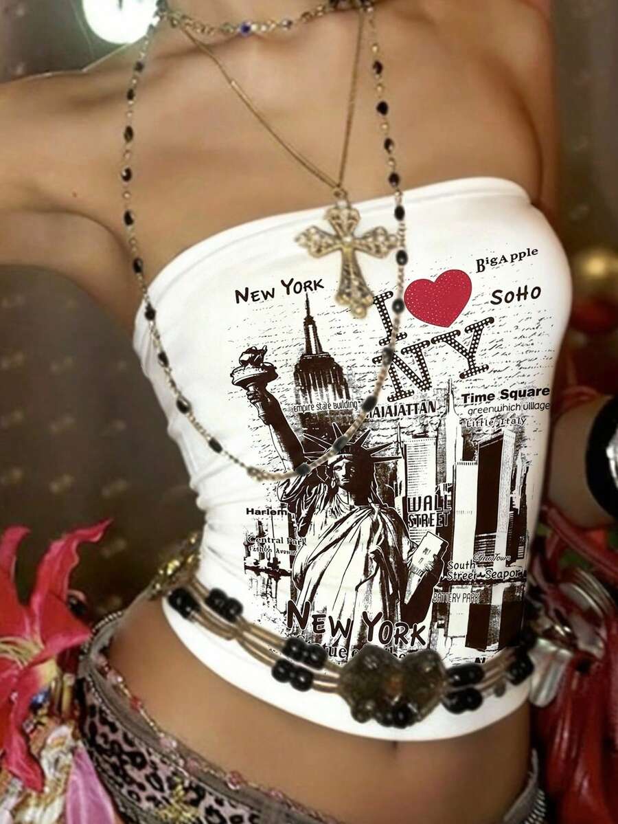 SHEIN 女士修身露脐抹胸上衣,印有自由女神像和字母图案,适合7月4日穿着。 - 彩色 - 查看 1