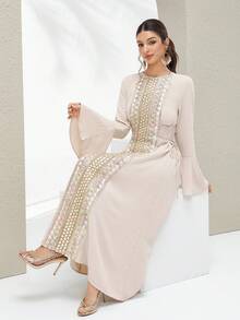Al Najma 保守风格的阿拉伯式缎带装饰连衣裙，适合女性 - 白色 - 查看 4