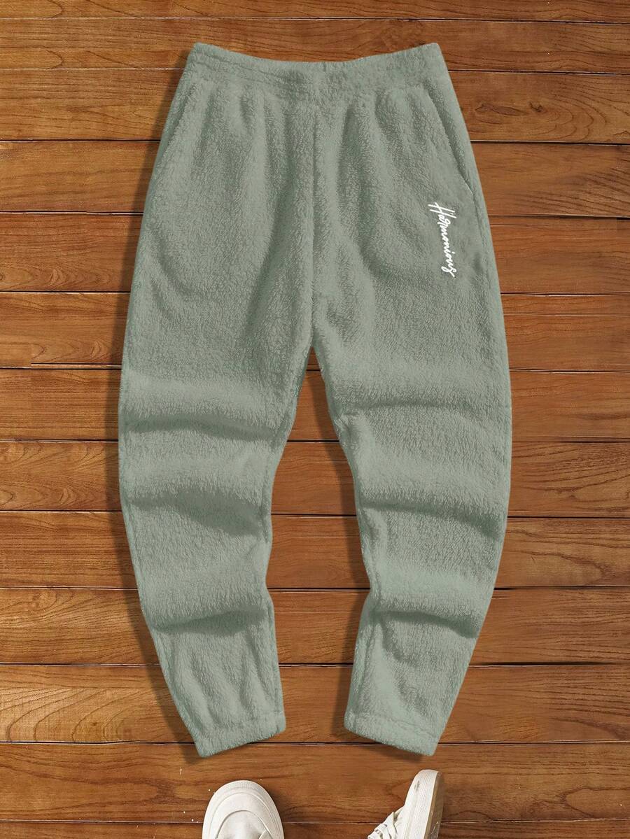 HIMLAND Men's Letter Embroidered Elastic Waist Pockets Knitted Fleece Pants Classic Wear Fleece Sweatpants Men S Sweatpant Cotton Sweats Sweat Pants - Green - View 1