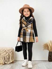 Emery Rose Kids Emery Rose Kids Bộ 3 áo khoác kẻ caro thời trang đô thị cho bé gái, áo phông dài tay, quần dài, thích hợp cho các buổi đi chơi thường ngày, tụ tập, tiệc tùng, kỳ nghỉ, mùa thu/đông - Màu Khaki - Xem 3