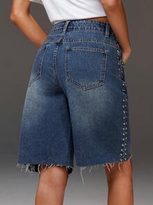 Athîral Denim شورتات جينز مقصرة بفضفاضة للنساء، مزينة بالدبابيس، مخصرة، أنيقة وكلاسيكية، شورتات متوسطة متعددة الاستخدامات - الأزرق - مشاهدة 1