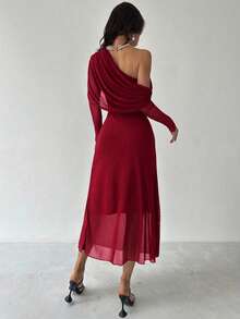 Firerie Autumn/Winter New Women's Elegant Asymmetrical Shoulder Long Sleeve Pleated Waist Knit Dress, Versatile Black Long Dress For Daily, Party, Airport, Teacher, Outing, Wedding Guest - Burgundy - View 2