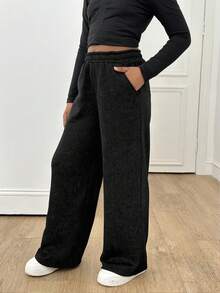 SHEIN Sparklyn 少女休闲百搭街头风口袋宽松阔腿弹力腰水洗雪绒运动裤 - 黑色 - 查看 5