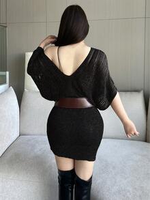 Vibekara 优雅透视针织V领修身迷你连衣裙 - 黑色 - 查看 2