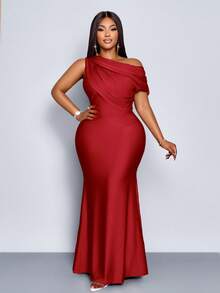 SOLERSUN 大码婚礼派对优雅杏色针织亮面面料不对称露肩无袖拼接收腰修身鱼尾长裙，女士优雅连衣裙，派对礼服，正式礼服，白色连衣裙，女士奢华晚礼服，圣诞节，婚礼宾客礼服，时尚连衣裙，夏季，2026，新年，中国红，情人节，爱，性感，度假 - 酒紅色 - 查看 2