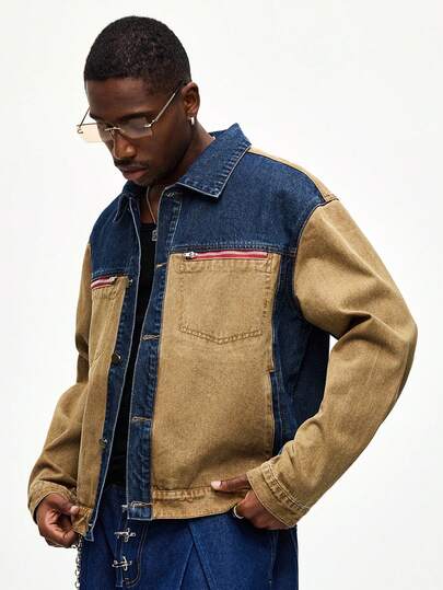 Street Life Men's Contrast Color Patchwork Zipper Front Casual Loose Denim Jacket