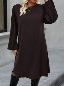 EMERY ROSE Sukienka plus size w jednolitym kolorze, uniwersalna, z okrągłym dekoltem i długim rękawem - Brązowy - Zobacz 3