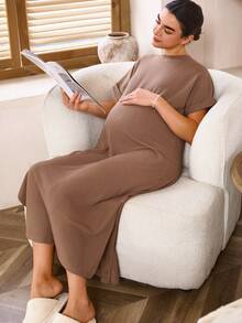 SHEIN Pregnant Women's Solid Color Round Neck Ribbed Split Design Simple Comfortable Short Sleeve Dress,Maternity Clothes - Brown - View 6