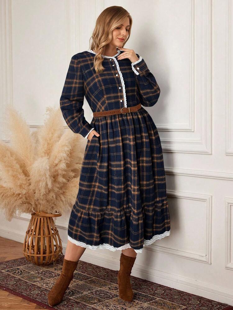 Plus Size Plaid Print Lace Patchwork Elegant Long Sleeve Dress