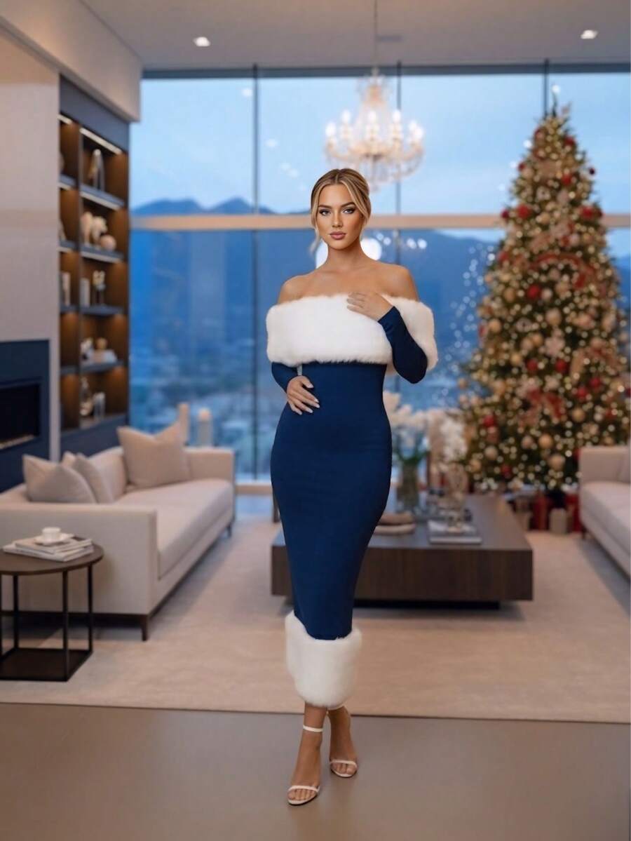 Vestido Tubo Midi Ajustado de Navidad con Ribete de Piel Sintética Blanca y Escote Bardot - AZUL REY - Ver 1