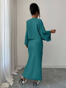 Elenzga Yellow Long Sleeve Top And Straight Skirt 2 Pieces Set, Elegant For Party And Commute, Autumn/Winter - Teal Blue - View 2