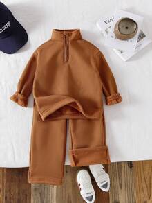 SHEIN Playful Pals 两件套女童针织卫衣，单面抓绒半拉链套头衫，休闲经典百搭浅灰色两件套 - 棕色 - 查看 1