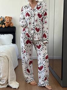 SHEIN Bộ đồ ngủ tay dài in hình trái tim và quần dài họa tiết bong bóng dành cho nữ - trắng - Xem 2