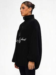BABYPHAT Logo Sherpa Fleece Half Zip Sweatshirt With Cozy Texture And Chest Print Design For Fall Winter Casual Comfort - Black - View 7