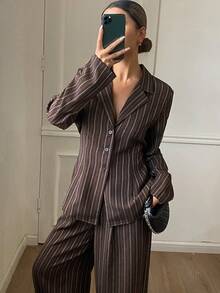 Livesso 2pcs Women Winter Striped Collar Tie Jacket And Casual Pants Set - Brown - View 3