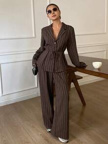 Livesso 2pcs Women Winter Striped Collar Tie Jacket And Casual Pants Set - Brown - View 6