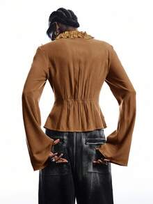 LYSMO New Minimalist Autumn/Winter Women's Khaki Multi-Layered Ruffled Front Tie Long-Sleeved Fashion Shirt - Khaki - View 2