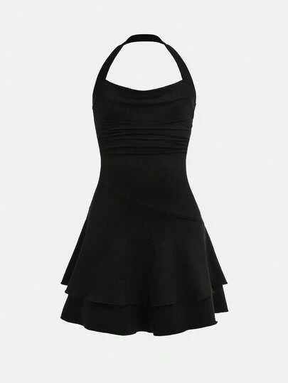 SHEIN Girlism Tween 女童休闲纯色黑色无袖短款连衣裙，腰围可调节