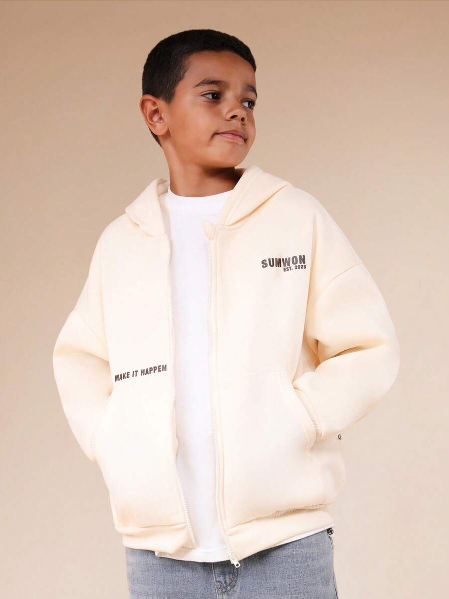 SUMWON Boys Full Zip Through Hoodie Without Drawstring Hood And Centre Pocket For Spring Fall Winter Casual Wear Vacation - Apricot - View 1