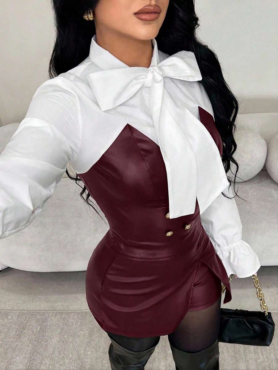 SHEIN SXY Áo sơ mi nơ trắng thanh lịch cổ điển dành cho nữ kết hợp với áo bustier PU màu đỏ tía - Màu Đỏ Sâu - Xem 1