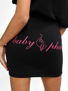 BABYPHAT Vestido mini ajustado con hombros caídos, detalles en rosa, cuello asimétrico y mangas cortas para fiesta, salida nocturna - Negro - Ver 6