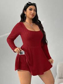 SHEIN EZwear Plus Size Women's Casual Ribbed Knit Crew Neck Cinched Waist Short Jumpsuit Pants, Spring/Autumn - Red - View 6