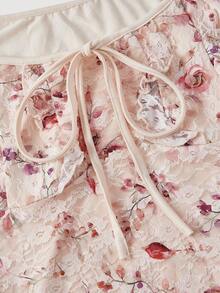 SHEIN MOD 杏色花卉印花蕾丝迷你连衣裙，饰有荷叶边和蝴蝶结——可爱复古浪漫的宫廷风格，非常适合约会、派对、舞会、节日和生日穿着。 - 彩色 - 查看 3