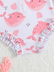 1pc Baby/Baby GirlLong Sleeve One-Piece Swimsuit With Zipper, Cute Bow & Floral Print, Includes Hat - Pink - View 4