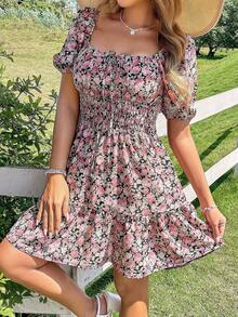 Breezaya Ditsy Floral Puff Sleeve Square Neck Elegant Dress - Black - View 4