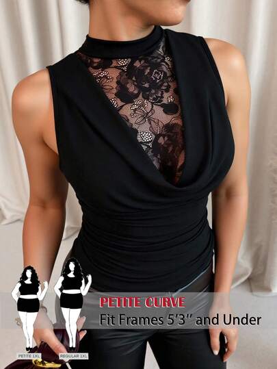 SHEIN PETITE CURVE Plus Size Women's Elegant Floral Lace Patchwork Sheer Ruffle Collar Fitted Tank Top, Summer