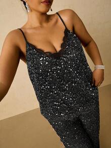 Freevana Plus Size Sequin Lace Patchwork Solid Color Sexy Camisole - Black - View 3