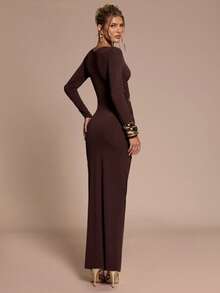 SHEIN BAE Elegant Dark Brown Bodycon Dress For Women,Long Sleeve Metal Buckle Decor,Autumn Night Out,Formal Dinner Party,Birthday & Cocktail Events,Winter Dress - Brown - View 2