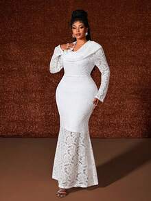 Maweii Váy bodycon đuôi cá tay dài khoét sâu ren mỏng cỡ lớn - trắng - Xem 3