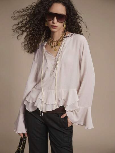 Florisole Apricot V Neck Tiered Layer Flared Hem Long Flare Sleeve Blouse For Women Casual Style