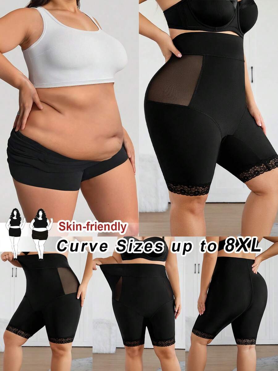 SHEIN CURVE+ Plus Size Women Solid Color Mesh Patchwork High Waist Shaping Shorts/2026 /New Year Women Curve Plus Clothing