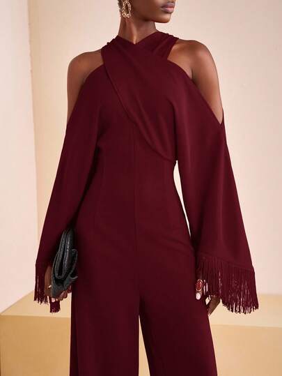 Zivah جمبسوت طويلة الأكمام للنساء ذات لون أحمر لامع وياقة على شكل صليب مع شراريب، مناسبة للحفلات والمناسبات اليومية، حفلات البلاد، هالوين، عيد الميلاد، خروجات ليلية، فستان ضيف الزفاف، فستان عيد الميلاد، ملابس البرونش اليومية - موديل جديد خريف وشتاء 2025