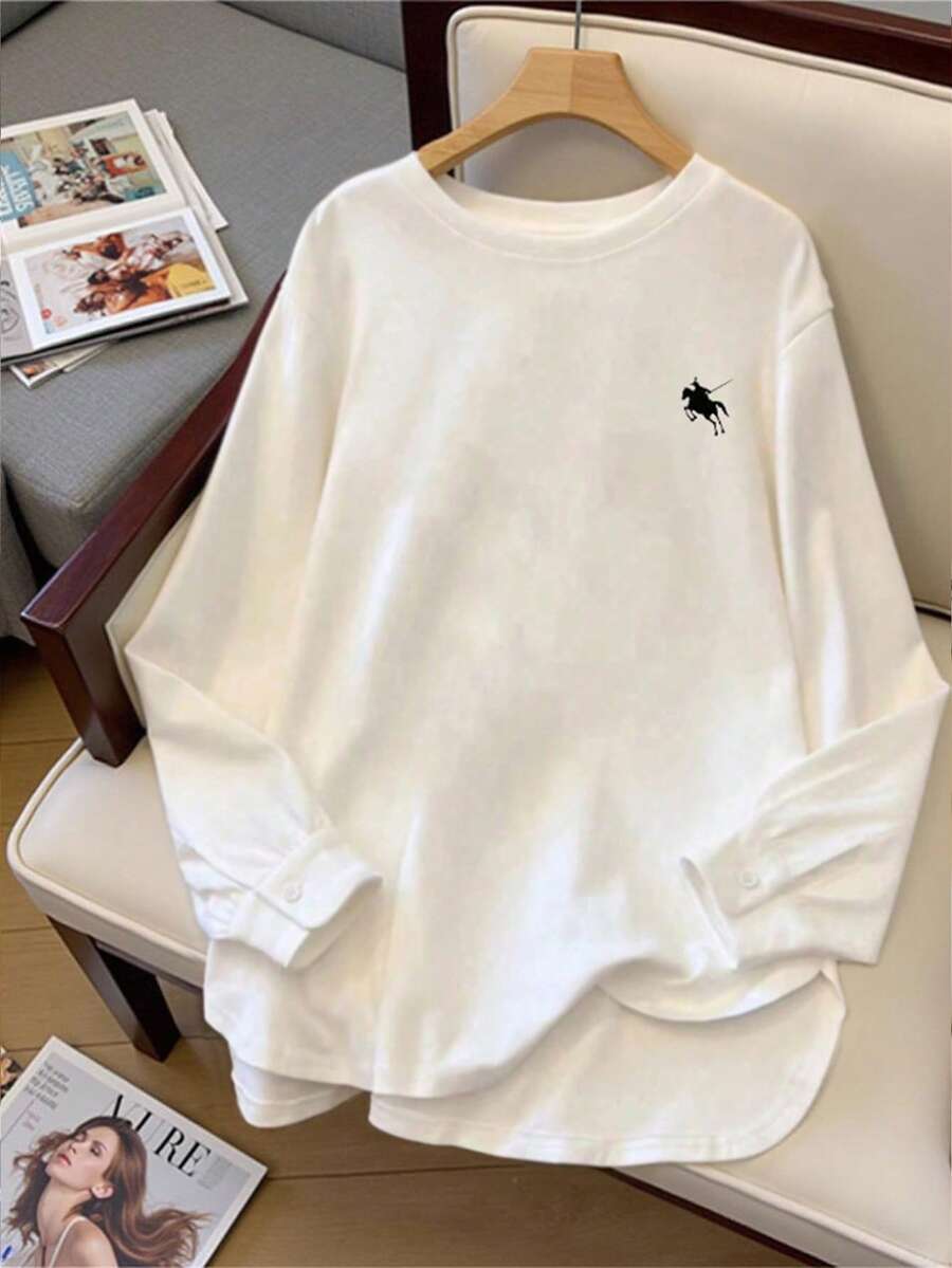 Resyla Women's White Casual Long Knitted Fabric T-Shirt With Round Neck Wrist-Length Drop Shoulder Sleeves And Figure Pattern - White - View 1