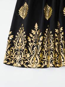 1 pieza Vestido maxi con cuello redondo, manga acampanada y estampado metálico para niñas, primavera/otoño - Negro - Ver 8