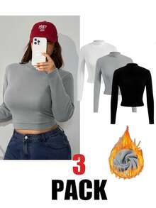 SHEIN EZwear 3 Stücke/Set Große Größen einfarbiges lässiges Rollkragen Langarm T-Shirt, Basic & vielseitig, Herbst/Winter - Verschiedenfarbig - Übersicht 3