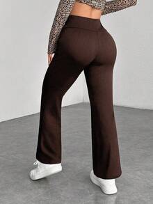 SHEIN PETITE Fashion Women Coffee Brown Textured Knit Flare Leg Pants Long Casual Style Brown Pants Wide Leg Sweatpants Flared Leggings Flared Sweatpants - Coffee Brown - View 2