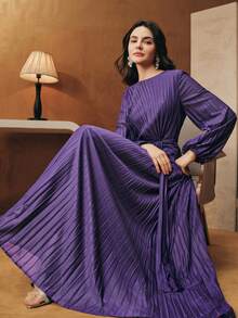 Anewsta 女士优雅长袖圆领褶皱系腰连衣裙 - 黑色 - 查看 4