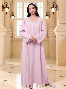 SHEIN Teen Girls' Elegant Luxurious Beaded & Rhinestone Embellished Arabic Style Dress, Spring/Summer - Pink - View 5